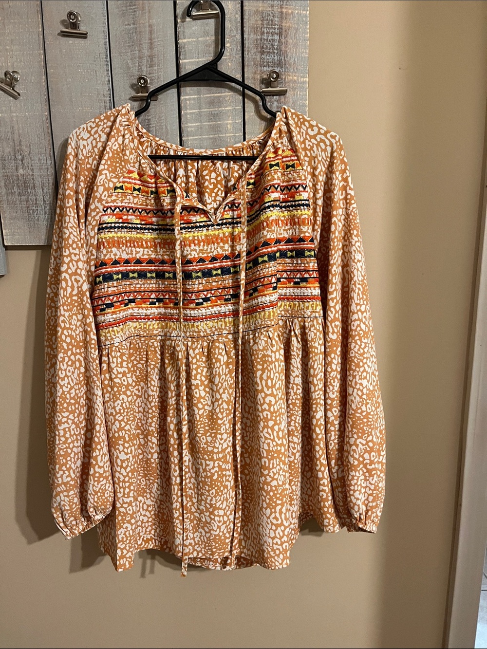 Embroidered Boho Peasant Tunic Top - Tan